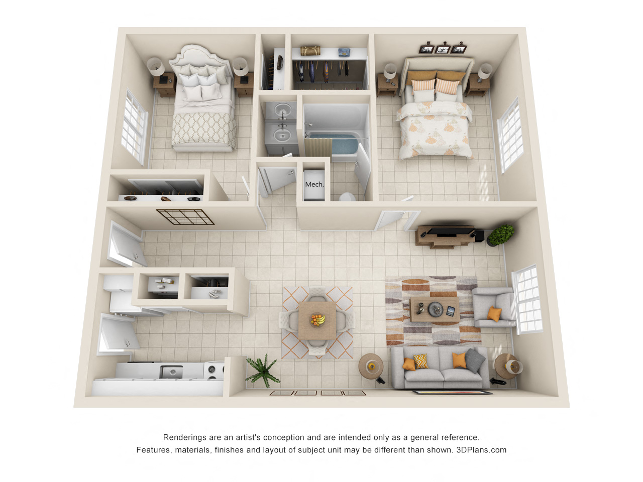 Floor plan for 2 beds, 1 bath, 850 sqft